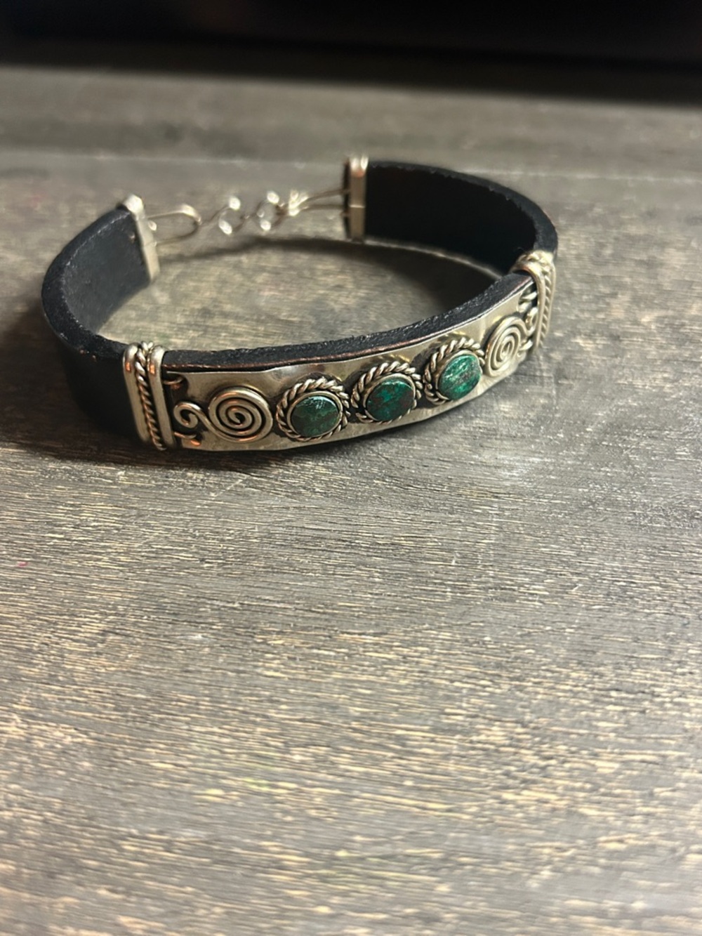 Handcrafted‎ Black Leather Bracelet with Turquoise Accents